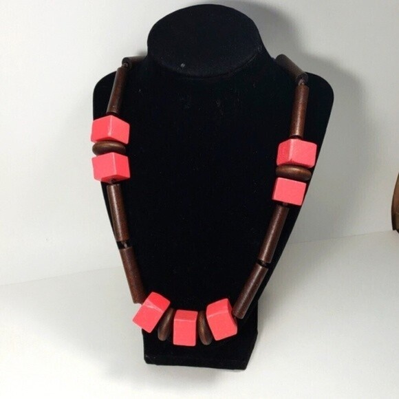 Pink Wooden Blocks, Brown Tubes & Beads Long Necklace with Matching Earrings - Picture 4 of 8